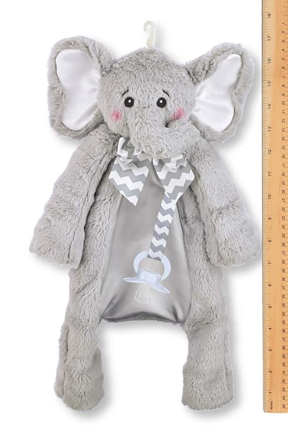 Bearington Baby Lil’ Spout Pacifier Pet, Gray Elephant Plush Stuffed Animal Lovie and Paci Holder 15"