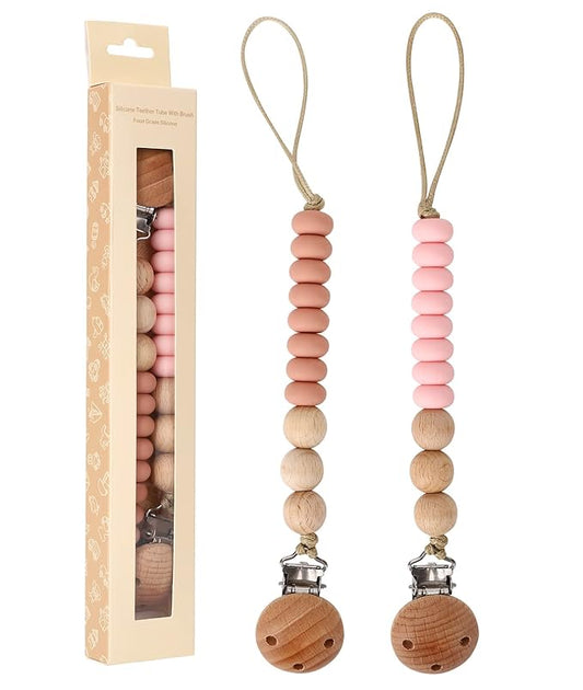 2 Pack Pacifier Holder Clips for Binky & Teether, Silicone Baby Pacifier Clip for Baby Girls(Muted