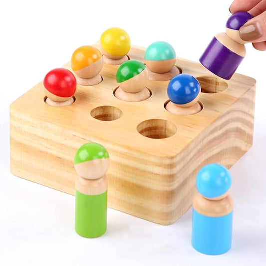 Montessori Toys for Toddlers, Wooden Rainbow Peg Dolls Shapes Sorting Toys 9 Wood