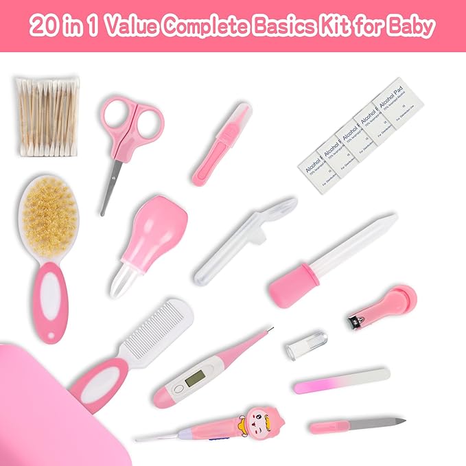 Baby Grooming Kit’╝īInfant Safety Care Setwith Hair Brush Comb Nail (20 PC-Pink