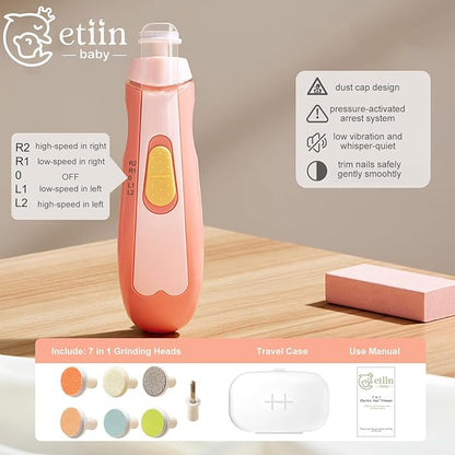 Baby Nail Trimmer Electric | Safe + Easy Baby Nail Trimmer, Baby Nail Clippers + Nail Filer Buffer, Trim Polish Grooming kits for Newborn Toddler or Adults’ Nails, 7 Grinding Heads and LED Light