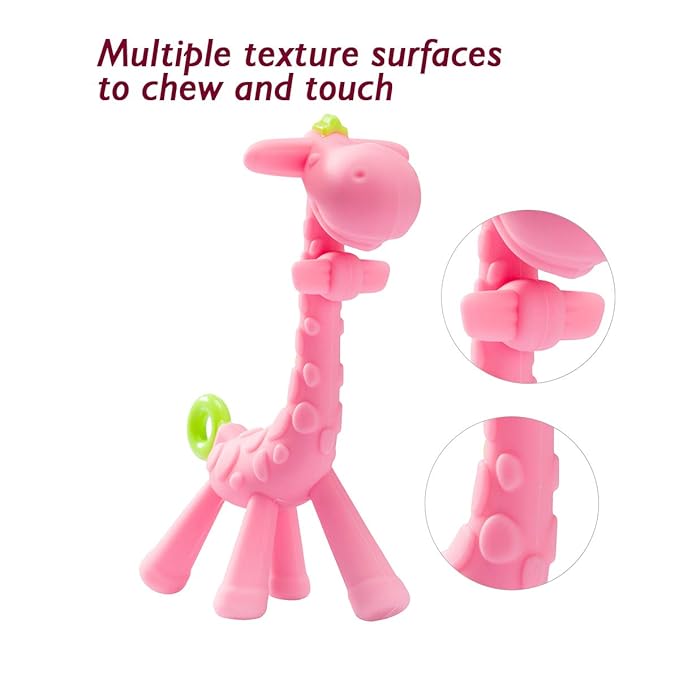 SHARE&CARE BPA Free Silicone Giraffe Baby Teether Toy with Storage Case, for 3 Months Above Infant Sore Gums Pain Relief and Baby Shower