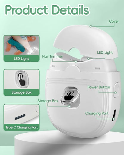 Electric Baby Nail Clipper, Automatic Nail Trimmer with Nail Clip Storage LED Light 2-Speed Rechargeable Safety Fingernail Cutter for Seniors, Adults, Children/Kids, Elders, Women/Men-White