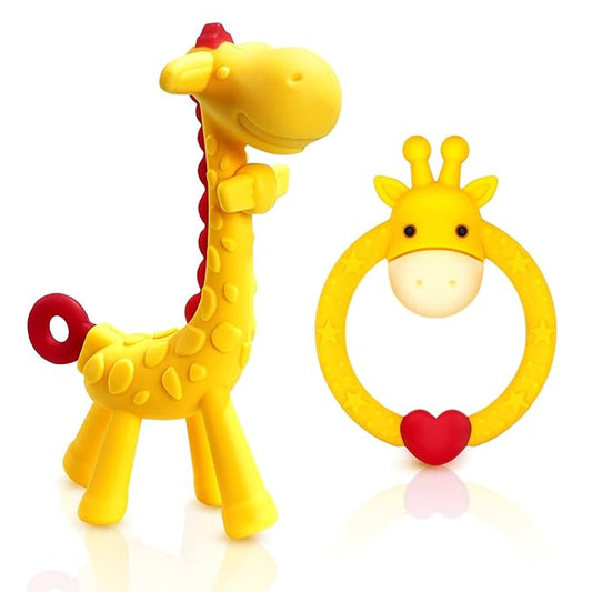 SHARE&CARE BPA Free Silicone Giraffe Baby Teether Toy with Storage Case, for 3 Months Above Infant Sore Gums Pain Relief and Baby Shower