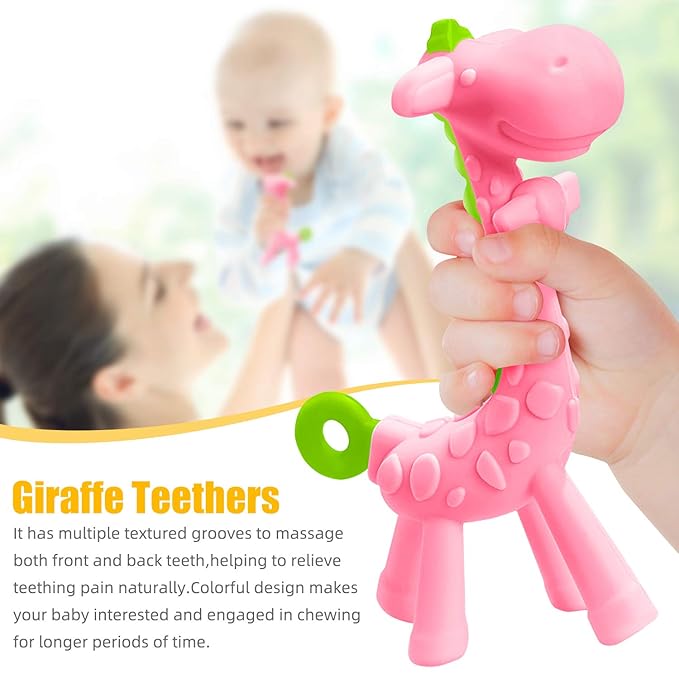 SHARE&CARE BPA Free Silicone Giraffe Baby Teether Toy with Storage Case, for 3 Months Above Infant Sore Gums Pain Relief and Baby Shower