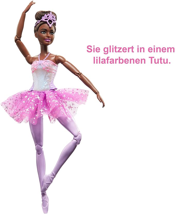 Barbie Dreamtopia Doll, Twinkle Lights Posable Ballerina with 5 Light-Up Shows, Sparkly Purple Tutu, Black Hair & Hair Accessory