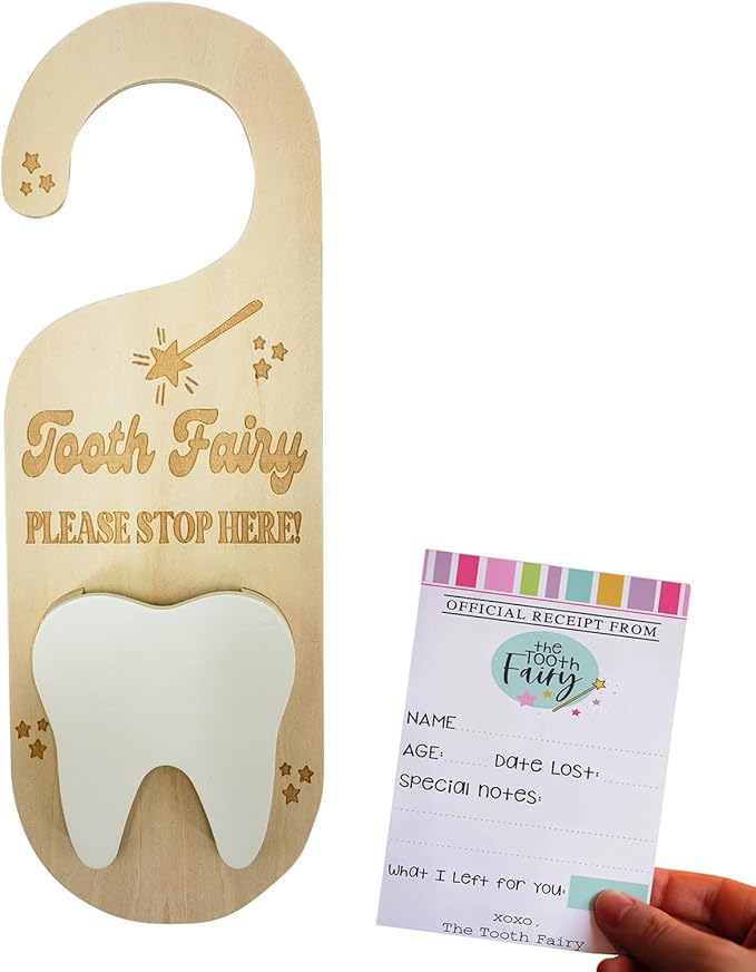 PAMBO Tooth Fairy Tooth Holder, Wooden Tooth Keepsake Door Hanger 3D |