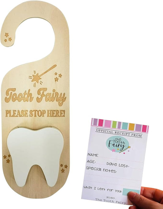 PAMBO Tooth Fairy Tooth Holder, Wooden Tooth Keepsake Door Hanger 3D |