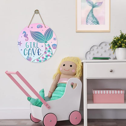 Girl Gave Ocean Mermaid Front Door Sign, Pink Coastal Wood Door Hanger Outdoor Outside Porch Nursery Decor
