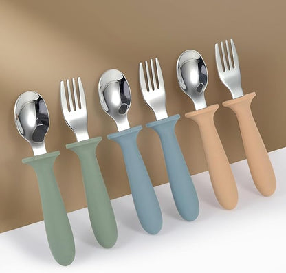 Toddler Utensils, 6 Pack kids Silverware Set with Silicone Handle, 18/8 Stainless Steel Children Safe Forks and Spoons, Dishwasher Safe