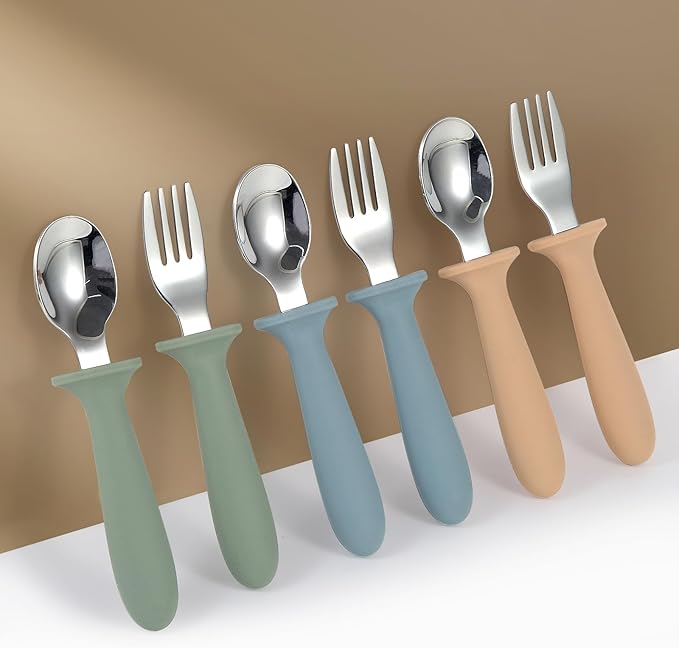 Toddler Utensils, 6 Pack kids Silverware Set with Silicone Handle, 18/8 Stainless Steel Children Safe Forks and Spoons, Dishwasher Safe