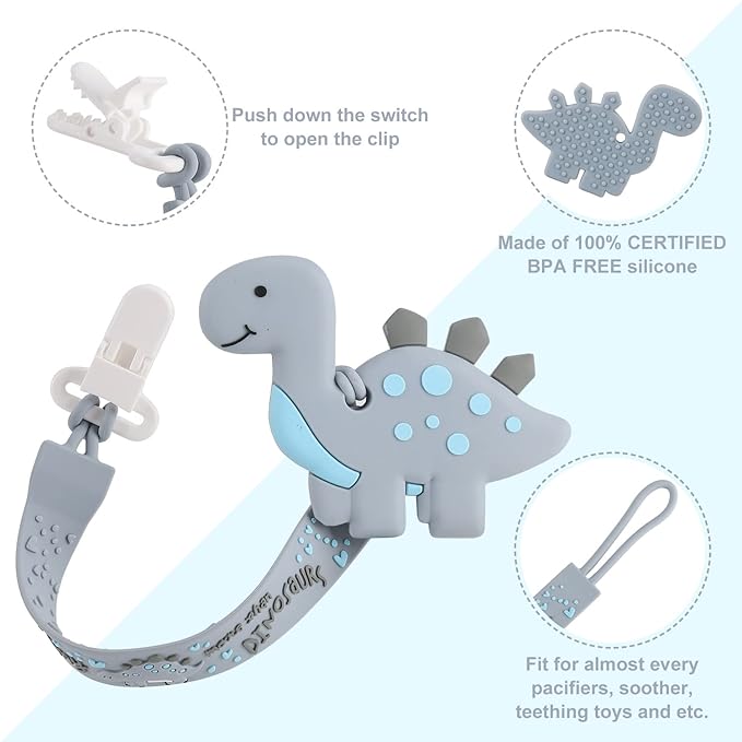 Baby Teething Toys, Dinosaur Teether Pain Relief Toy with One Piece Design Silicone Pacifier Clip Holder Set for Newborn Babies