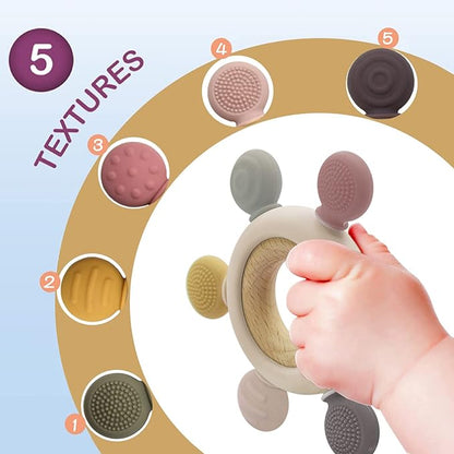 Baby Teething Toys Silicone Chewable Teethers BPA Free Silicone Rudder 0-24 Months (Beige,6 Directions)
