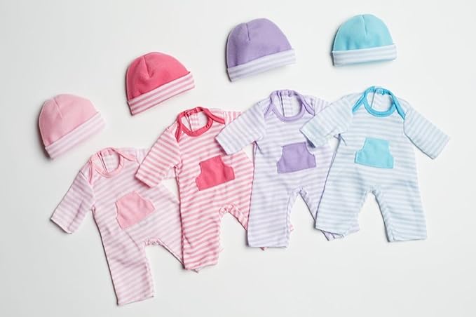 JC Toys | 4 Assorted Baby Doll Rompers and Hats 2+ | 10"- 12"