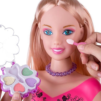 Doll Head Hair Styling Makeup Girls Toys Kids Pretend Play Beauty Set with Real Washable Cosmetics Hairdryer Curling Hairpins Accessories Birthday Gifts for Girls 3 Years Old