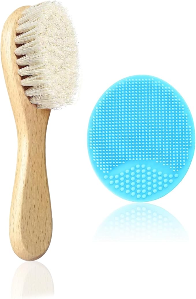 Baby Hair Brush, Mocokkiti Goat Bristles Brush and Baby Cradle Cap Brush Set for Cradle Cap Wood Bristle Brush for Newborns and Toddlers, Blue Silicone Brush (2PCS)