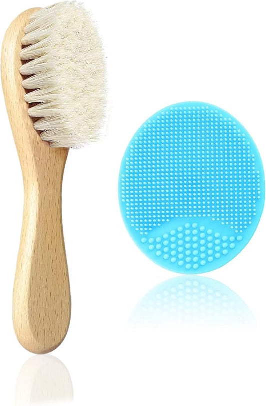 Baby Hair Brush, Mocokkiti Goat Bristles Brush and Baby Cradle Cap Brush Set for Cradle Cap Wood Bristle Brush for Newborns and Toddlers, Blue Silicone Brush (2PCS)