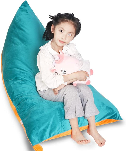 LOLOMLO Stuffed Animal Storage Bean Bag Chair Cover, Velvet Turquoise Orange Plush Toy Storage Stuff and Sit Seat for Kids/Teens/Adults, 52" x 31" Extra Large Triangle Sofa, 200L/52Gal, Cover Only