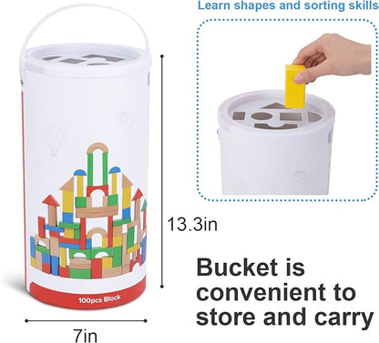 TOOKYLAND 100 Pieces Wooden Building Blocks, Shape Sorting Stacking Toy for Kids with Storage Bucket 1 2 3 Year