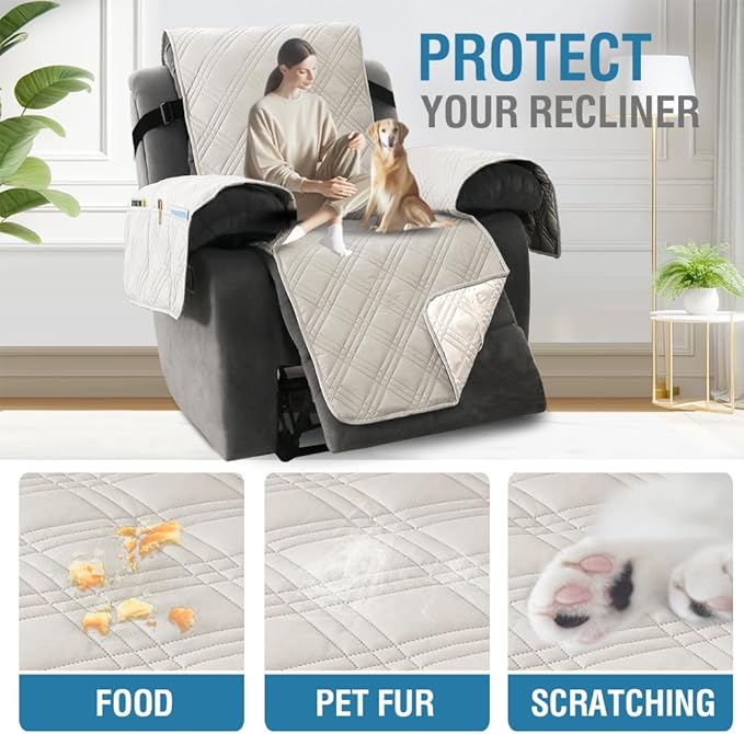 H.VERSAILTEX 100% Waterproof Recliner Slipcovers 1-Piece Lazy Boy Recliner Chair Covers Furniture Protector with Elastic Straps for Pets Kids Sitting Width Up to 23" (Recliner, French Oak/Beige)