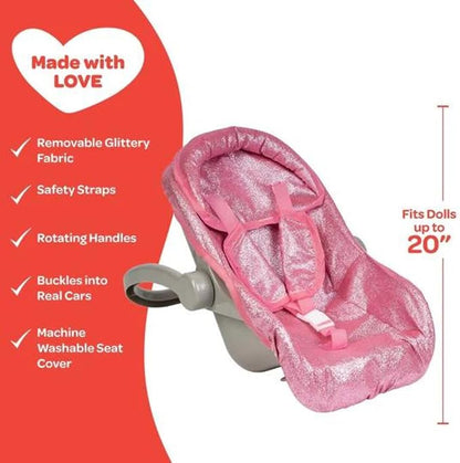 Adora Glam Sparkly & Glittery Pink Car Seat Carrier, Baby Doll Car Seat That Fits up to 20" Dolls and Stuffed Animals 2+ -
