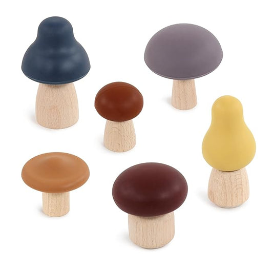Hudson Baby 6pc Wood and Silicone Mushroom Toy Set, Dark