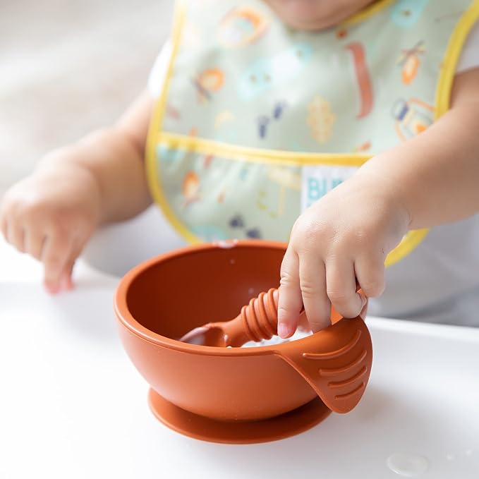 Bumkins Baby Bowl, Silicone Feeding Set with Suction for Baby and Toddler, Includes Spoon and Lid, First Feeding Set, Training Essentials for Baby Led Weaning for Babies 4 Months Up, Clay