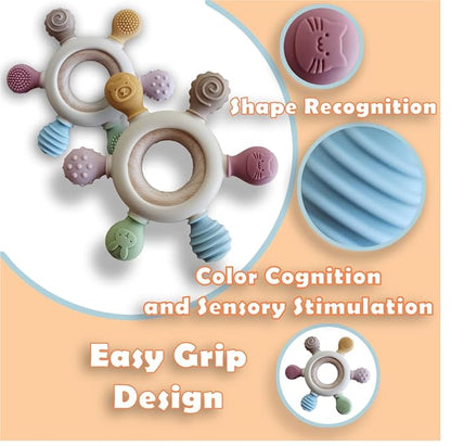 [BabyBite] Baby Teething Toys Silicone and Beechwood Baby Teether Ring 100% BPA 0M+