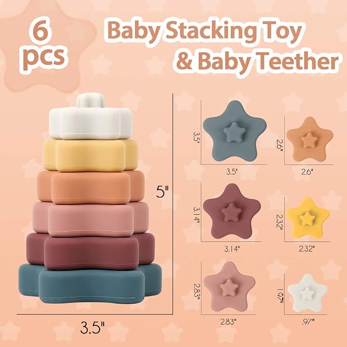 haakaa Silicone Star Stacking Toys, Baby Stacking Rings Baby Stacking Toys & Baby Teether 6Pacs.