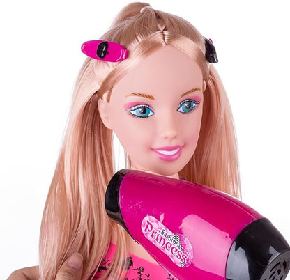 Makeup and Hair Styling Doll Head Toy Kit - 35Pieces Kids Pretend Play Set with Hair Dryer Washable Cosmetics Style Accessories, Makeup Practice Birthday Gifts for Girls