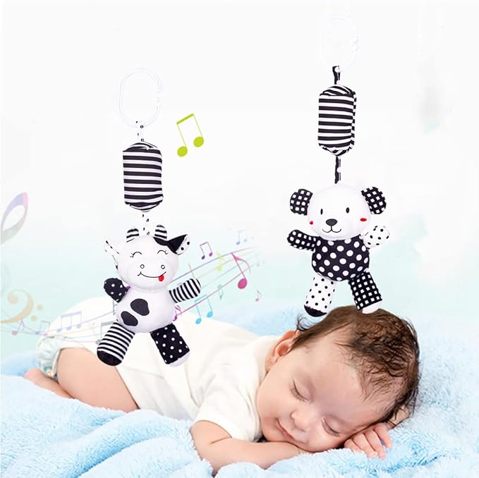 Baby Car Seat Toys, Black White Stroller Toy Stretch Baby Spiral Plush Toys, Hanging Rattle Toys for Crib Mobile, Newborn Sensory Toy Best Gift for 0 3 6 9 12 Months (Calf/Panda)