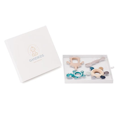 Baby Silicone Teething Ring Teether Gift Set for Boys and 3 Months 4 Toys