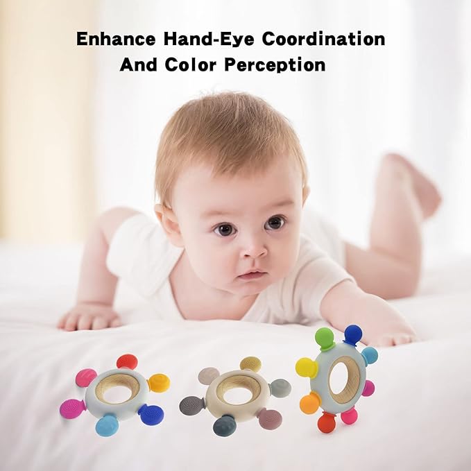 Baby Teething Toys-Silicone Boat Rudder Baby Teether Toys,Removable Wooden Ring 0-24 Months’╝?