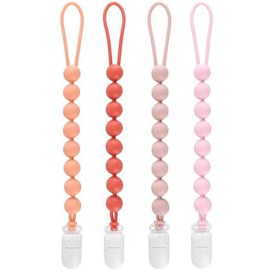 4-Pack Silicone Pacifier Clips for Baby Boys and Girls - with One-Piece Beads, Flexible and Rust-Free Holders for Teething Relief and Baby Essentials