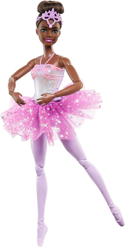 Barbie Dreamtopia Doll, Twinkle Lights Posable Ballerina with 5 Light-Up Shows, Sparkly Purple Tutu, Black Hair & Hair Accessory