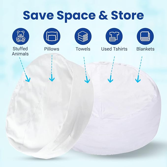 Cheer Collection Oversized Storage Bag, Kids Plush Toy Storage Organizer and Bean Bag Chair with Handle, Microplush Zippered Bag for Organizing Stuffed Animals - White