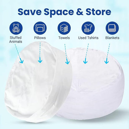 Cheer Collection Oversized Storage Bag, Kids Plush Toy Storage Organizer and Bean Bag Chair with Handle, Microplush Zippered Bag for Organizing Stuffed Animals - White