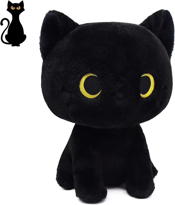 Black Cat Plush Toy, Cute Black Cat Stuffed Animals Kawaii Black Cat Plushie Doll