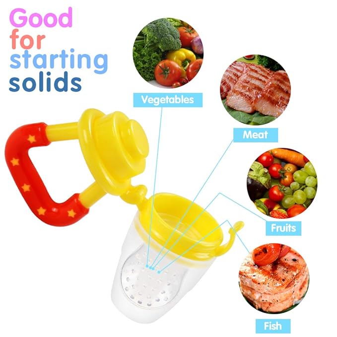 Baby Fruit Feeder by HAOBAOBEI, Frozen Teething Toys for Babies, Baby Fruit Pacifier Feeder with 3 Sizes Silicone Pouches, Baby Eating Essentials, BPA Free Baby Feeding Supplies -2 Pack (Pink Yellow)