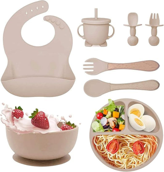 Baby Feeding Tableware Set Silicone Tray and Bowl with Suction Cup Baby Weaning Supplies Adjustable Waterproof Bib Learning Cup and 2 Spoons 2 Forks 8-Piece Set（Apricot）