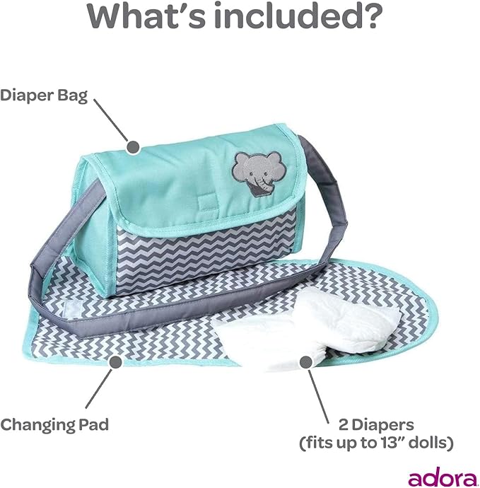 Adora Baby Doll Diaper Bag with Sturdy Straps, Includes Changing Mat and 2 Doll Diapers (Fits 13" Dolls) 3+ -