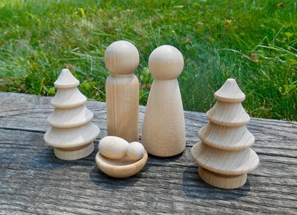 Nativity Wood Dolls, Baby Jesus and Manger, Mary, Joseph, 2 Blank Sheep, 3 Wisemen, 2 Miniature Trees, DIY Peg Dolls, Unfinished Pegs