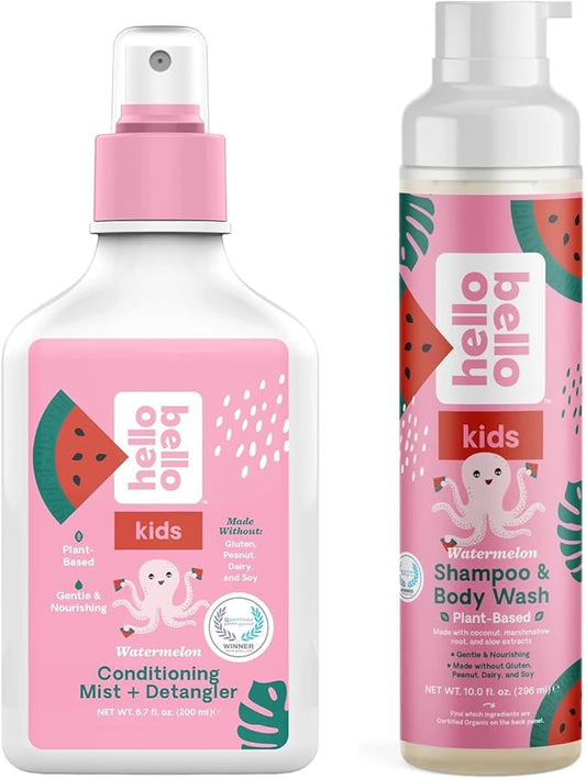 Hello Bello Watermelon Tear-Free Shampoo & Body Wash - 10 FL Oz + Conditioning Mist + Detangler, Hypoallergenic & Non-Greasy Leave-in Conditioning Spray, Vegan & Cruelty-Free, 6.7oz