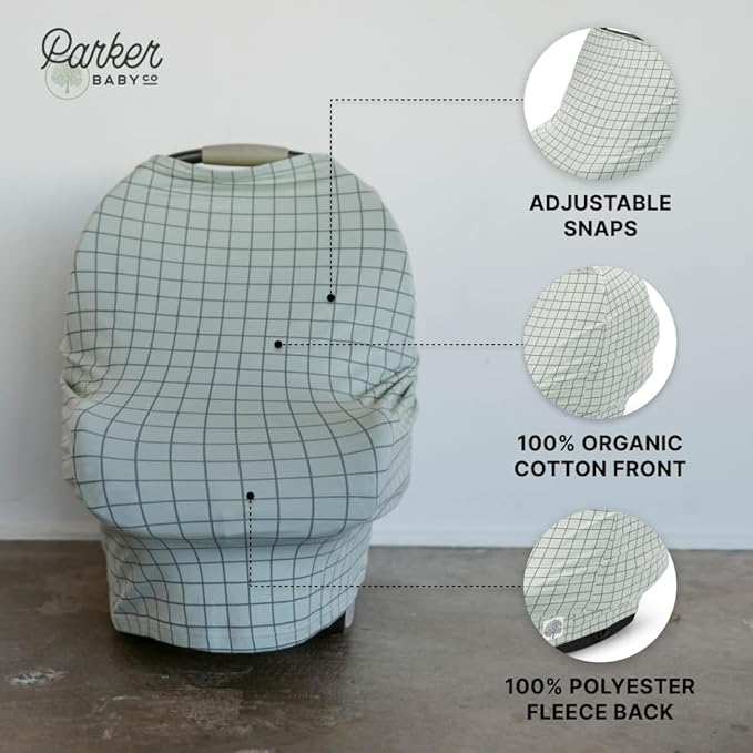 Parker Baby 4 in 1 Car Seat Cover for Girls and Boys - Stretchy Carseat Canopy, Nursing Cover, Grocery Cart Cover, High Chair Cover - “Sage/Pewter”