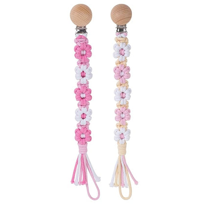 Pacifier Clip for Boys Girls Floral Daisy Macrame Baby Paci (2pack:Pink Daisy 2)