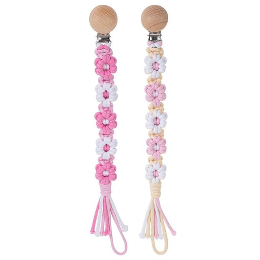 Pacifier Clip for Boys Girls Floral Daisy Macrame Baby Paci (2pack:Pink Daisy 2)