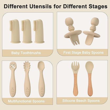Silicone Baby Feeding Set 14 Pcs,Baby Led Weaning Supplies, Baby Spoons Suction Bowl Divided Plate Bib Cup Finger Brush,First Stage Solid Food Eating Utensils - 6+ Months(Beige)