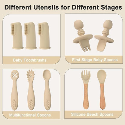 Silicone Baby Feeding Set 14 Pcs,Baby Led Weaning Supplies, Baby Spoons Suction Bowl Divided Plate Bib Cup Finger Brush,First Stage Solid Food Eating Utensils - 6+ Months(Beige)