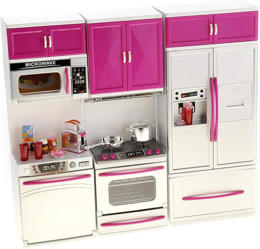 Doll Kitchen Playset, Mini Modern Kitchen Toys Pretend Play Furnitures Toy Sets Accessories Set with Realistic Light & Sound for Kids Toddlers Girls (3-in-1)