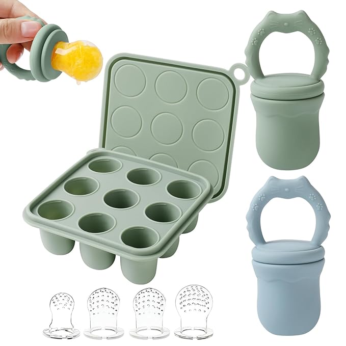 Baby Fruit Food Feeder Teether & Baby Food Freezer Tray Combo, Teething Popsicle Molds for Babies 3-6 12 Months,